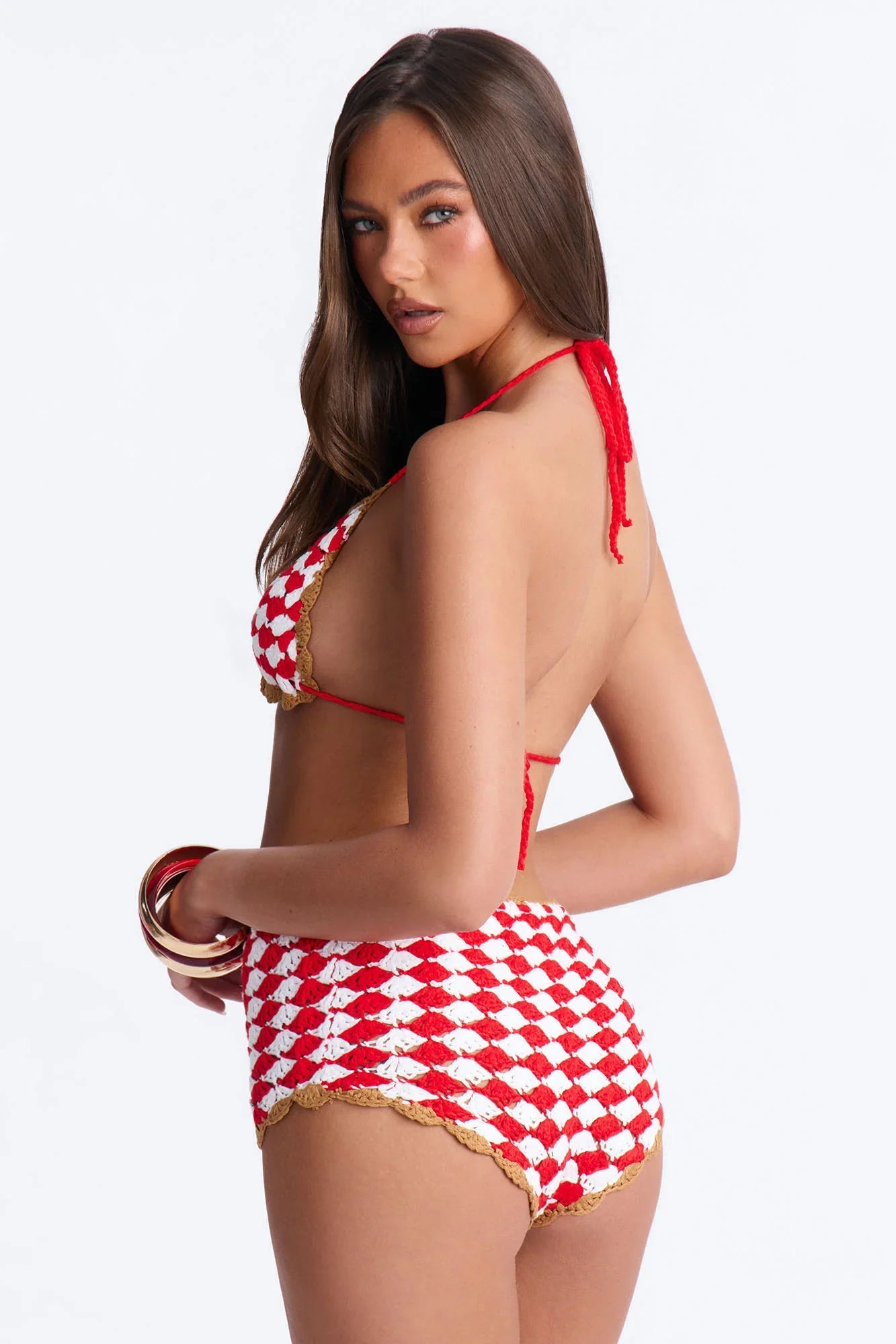 Sabine Gingham 2 Piece Crochet Triangle Bikini & Boyshort Bottom Set - Red/combo