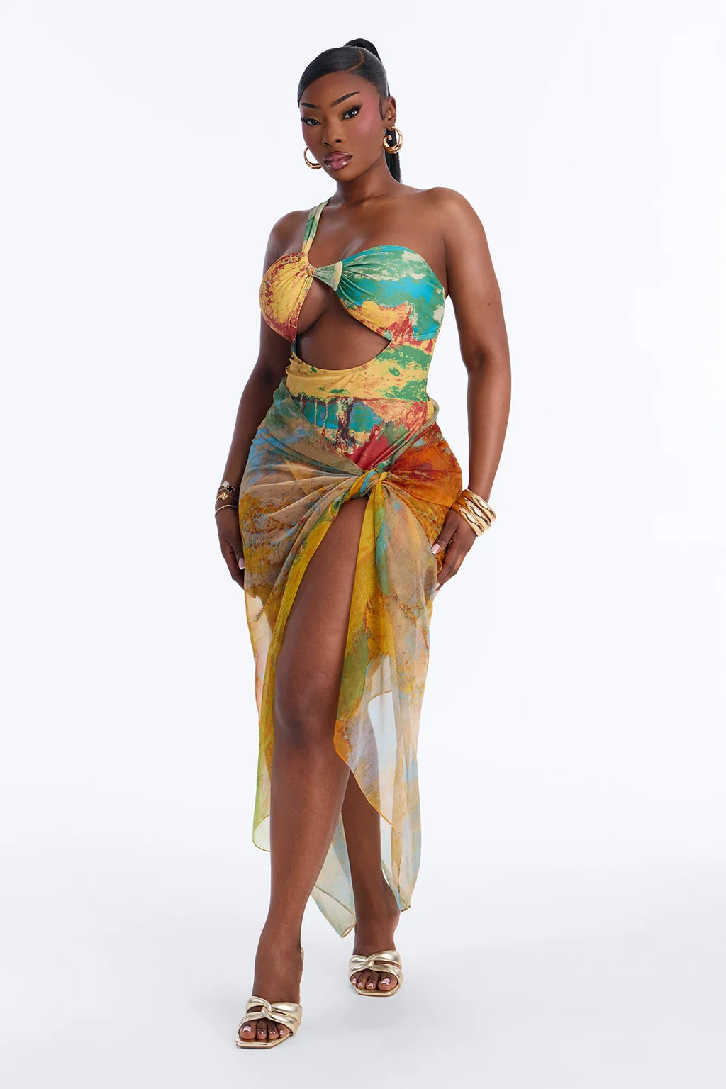 Areli Abstract One shoulder Cut Out 1 Piece Swimsuit & Sarong Set - Green/combo