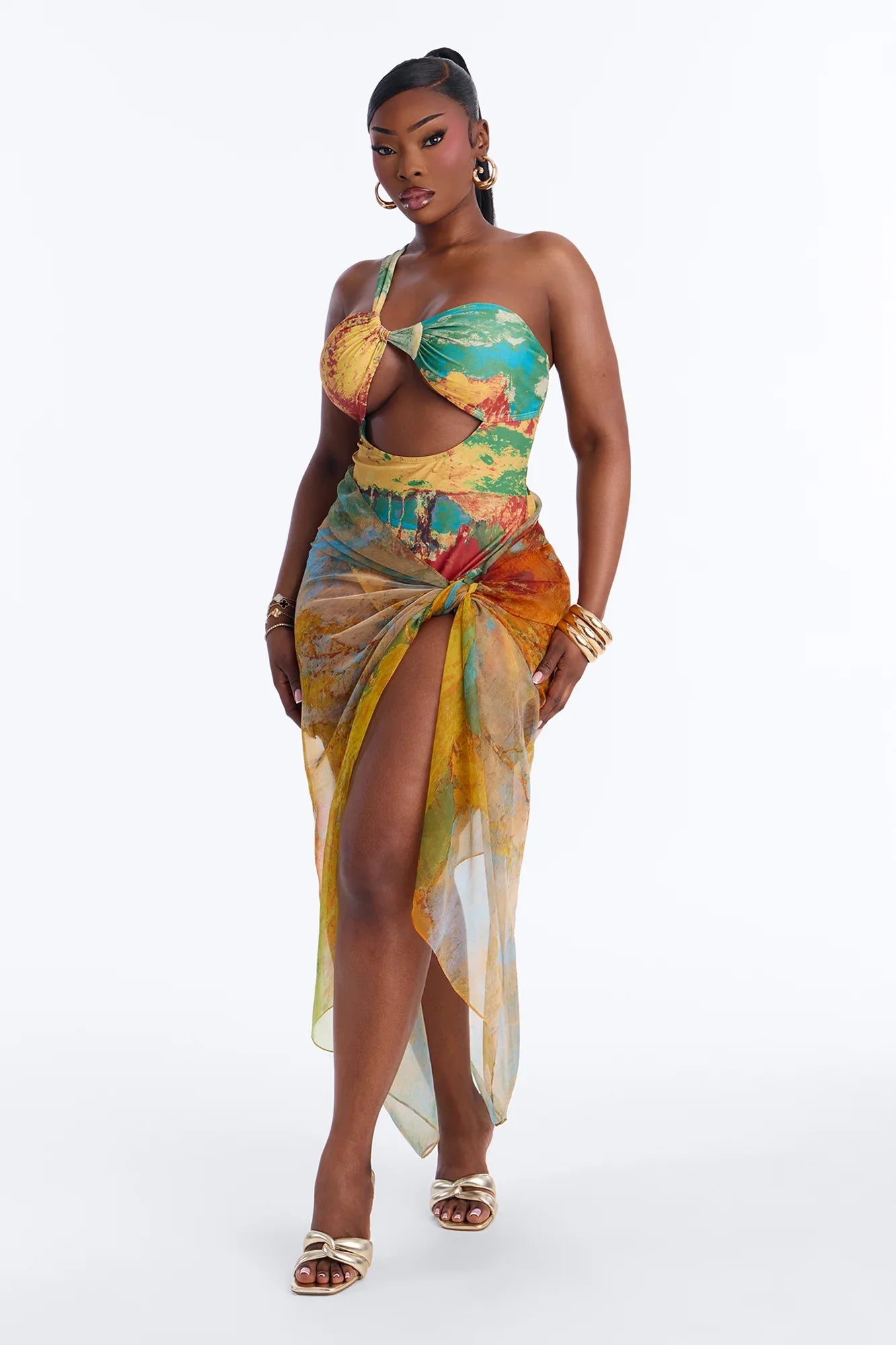 Areli Abstract One shoulder Cut Out 1 Piece Swimsuit & Sarong Set - Green/combo