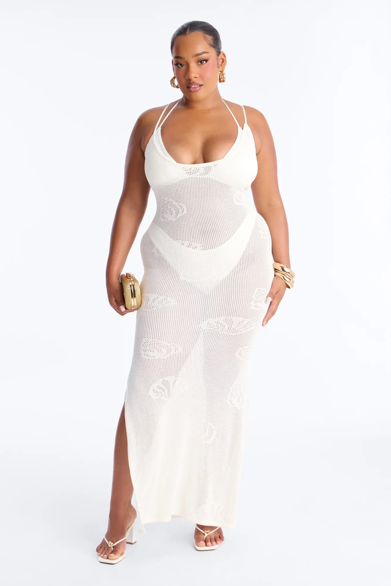 Oliva Crochet Seashells Maxi Swim Cover Up Dress - White