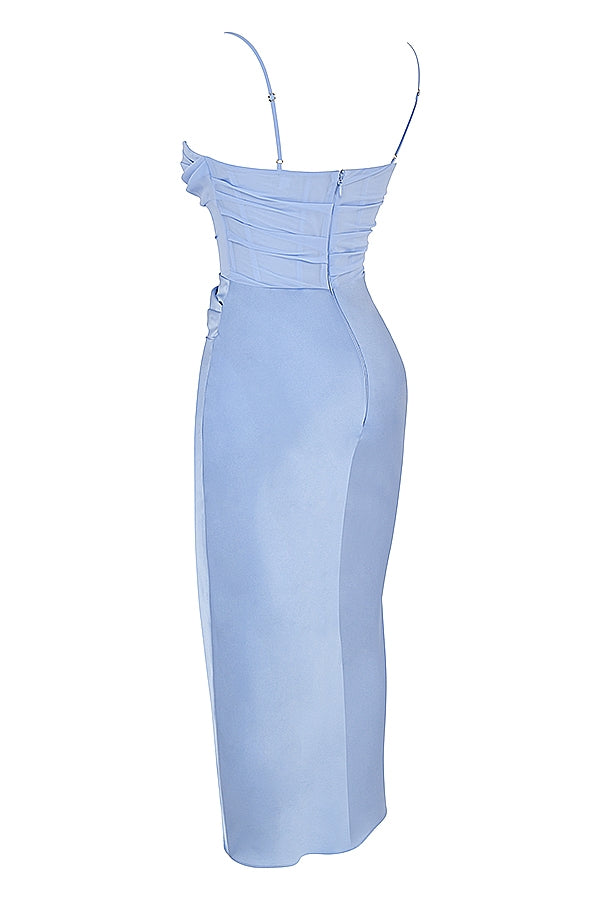 sky draped corset midi dress
