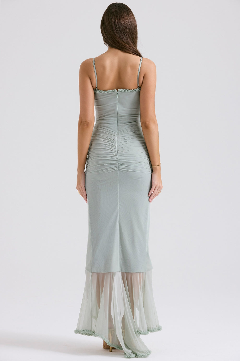 pistachio ruffled front gown