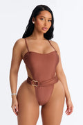 On The Bright Side 1 Piece High Cut Belted Swimsuit - Brown
