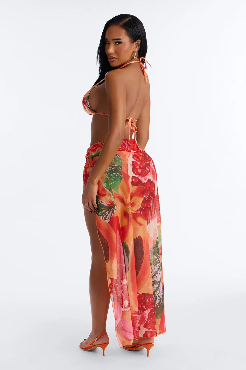 Shantel Tropical Print 3 Piece Triangle Bikini & Mesh Cover Up Maxi Skirt Sunsuit - Multi Color