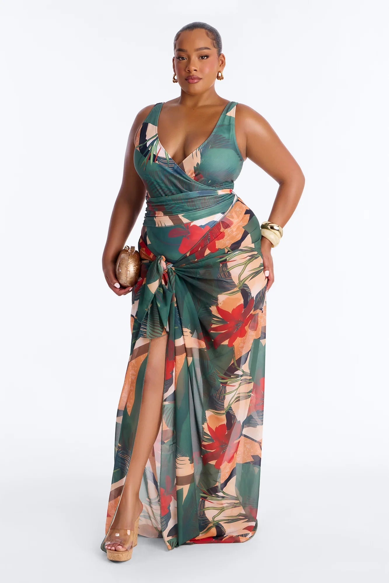 Solene 1 Piece Draped Swimsuit With Matching Sarong - Multi Color