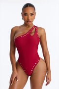 Whiskey And Waves Studded Asymmetrical Lace Up 1 Piece Swimsuit - Burgundy