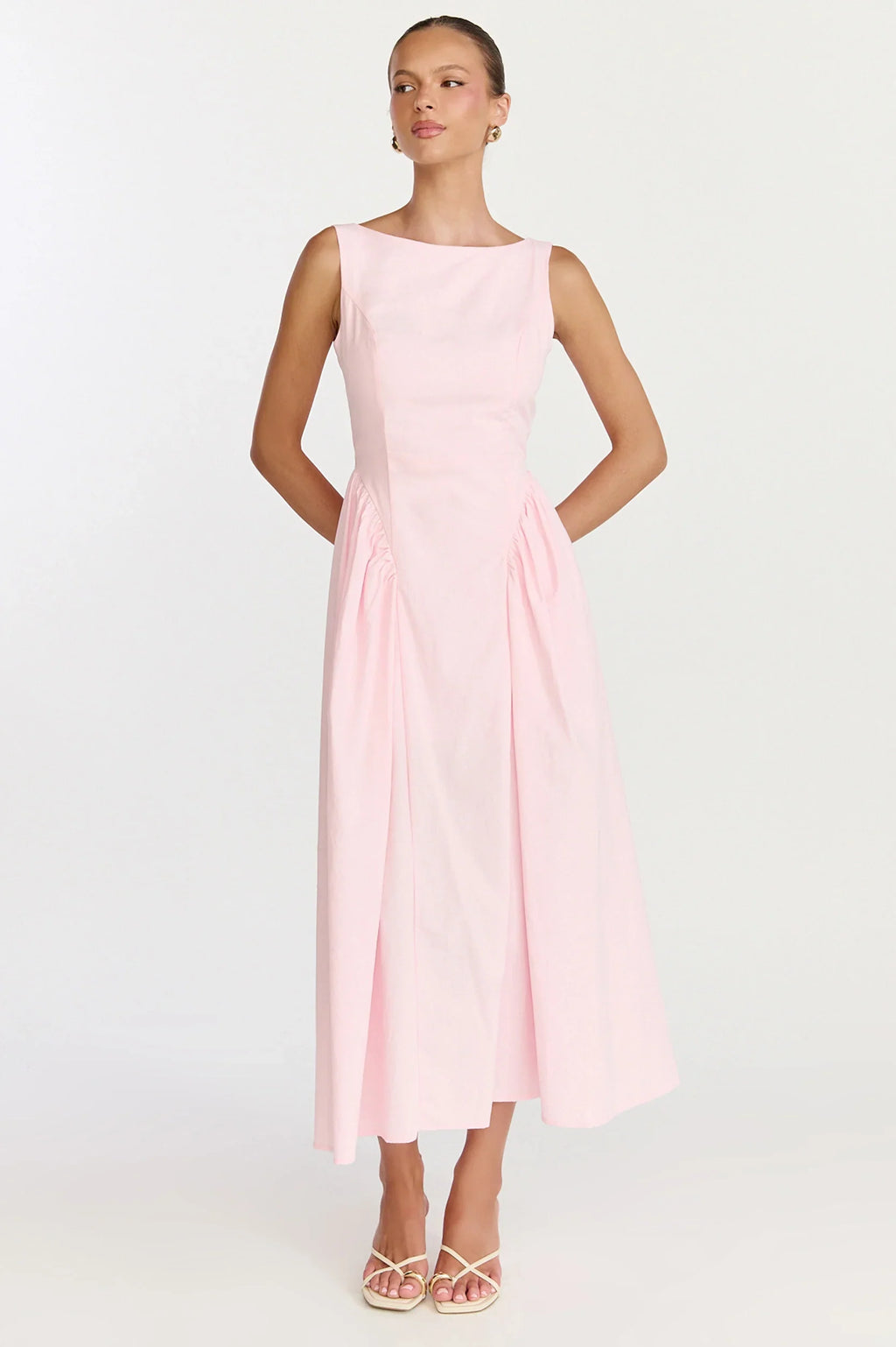 Casina Midi Dress - Boat Neck Tie Back Fit And Flare Dress in Pale Pink