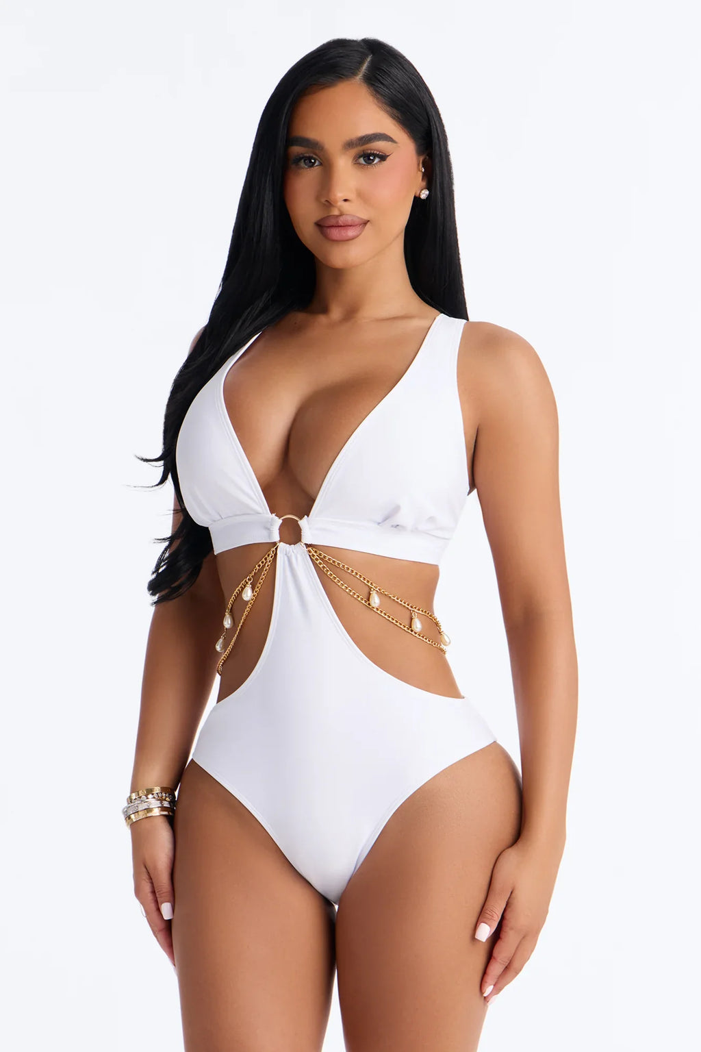 Larisa 1 Piece Cut Out Chain Swimsuit - White
