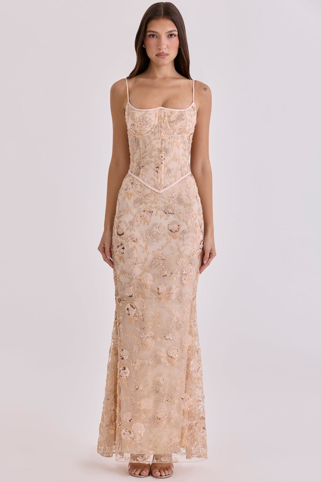 peach hand beaded embellished corset maxi dress - limited edition