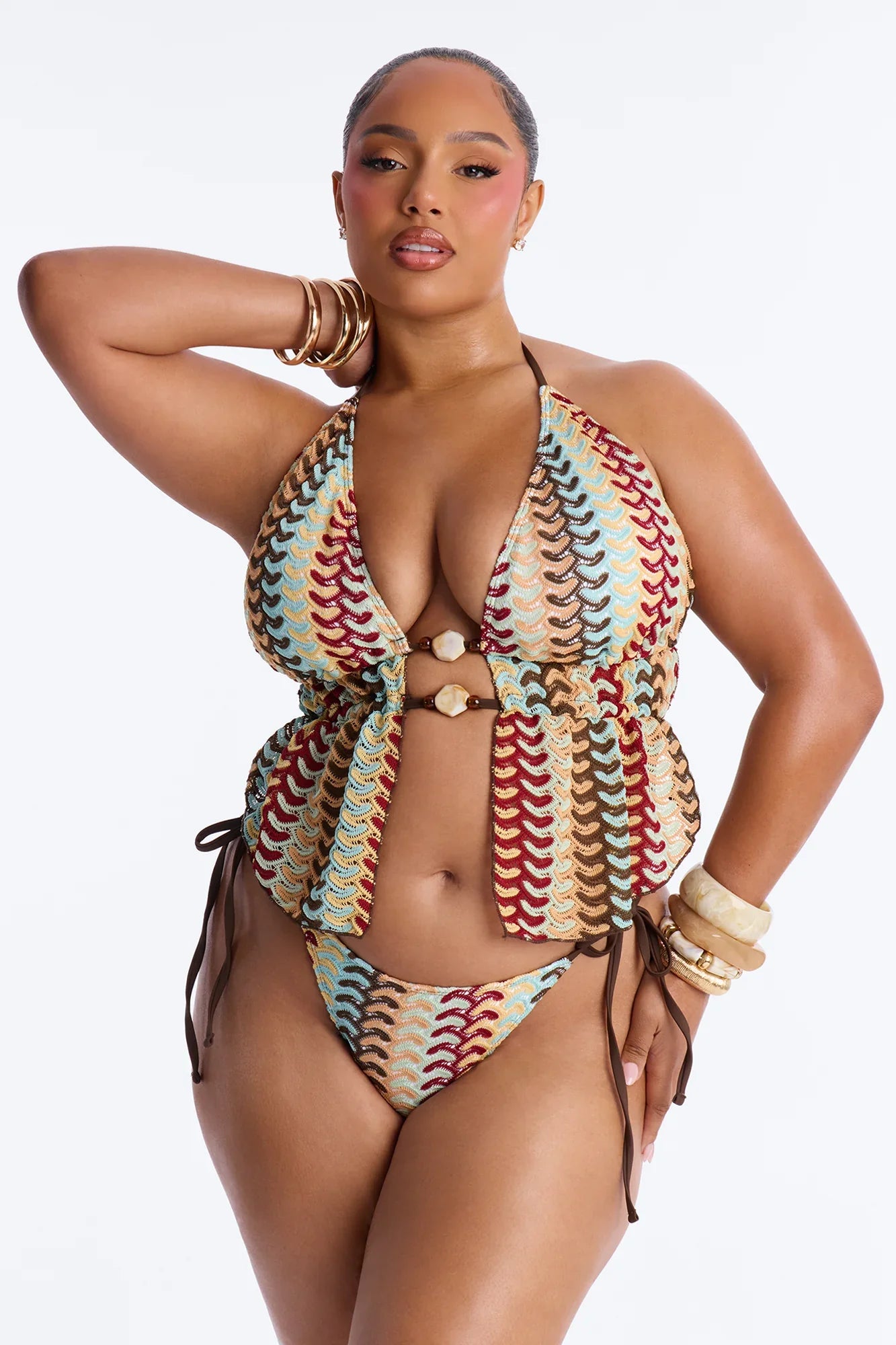 Hot And Sandy 2 Piece Textured Tankini Beaded Bikini Set - Brown/combo