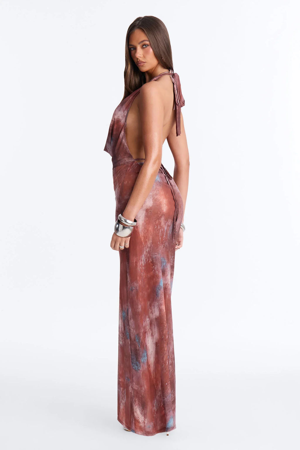 Alia 3 Piece Tie Dye Triangle Bikini & Chain Cover Up Halter Maxi Dress Sunsuit - Multi Color