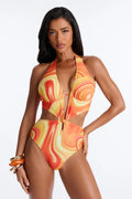 Chasing Sunsets Abstract Underwire Cut Out 1 Piece Swimsuit - Orange/combo
