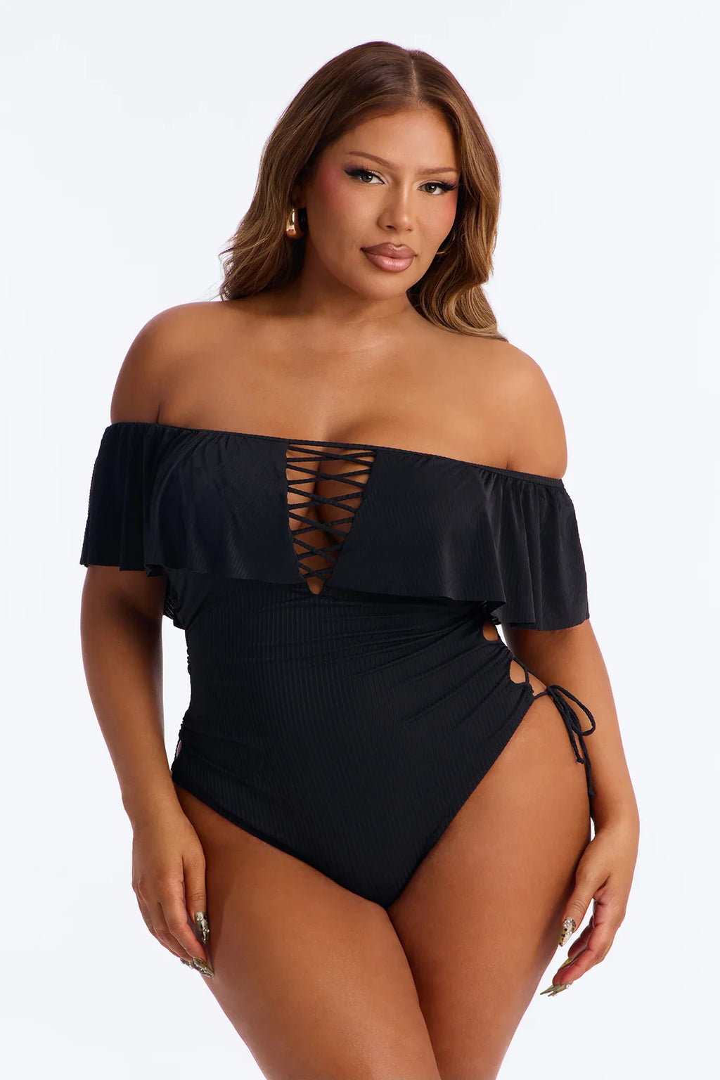 Take One Shoulder Ruffle Sleeve Lace Down Ribbed 1 Piece Swimsuit - Black