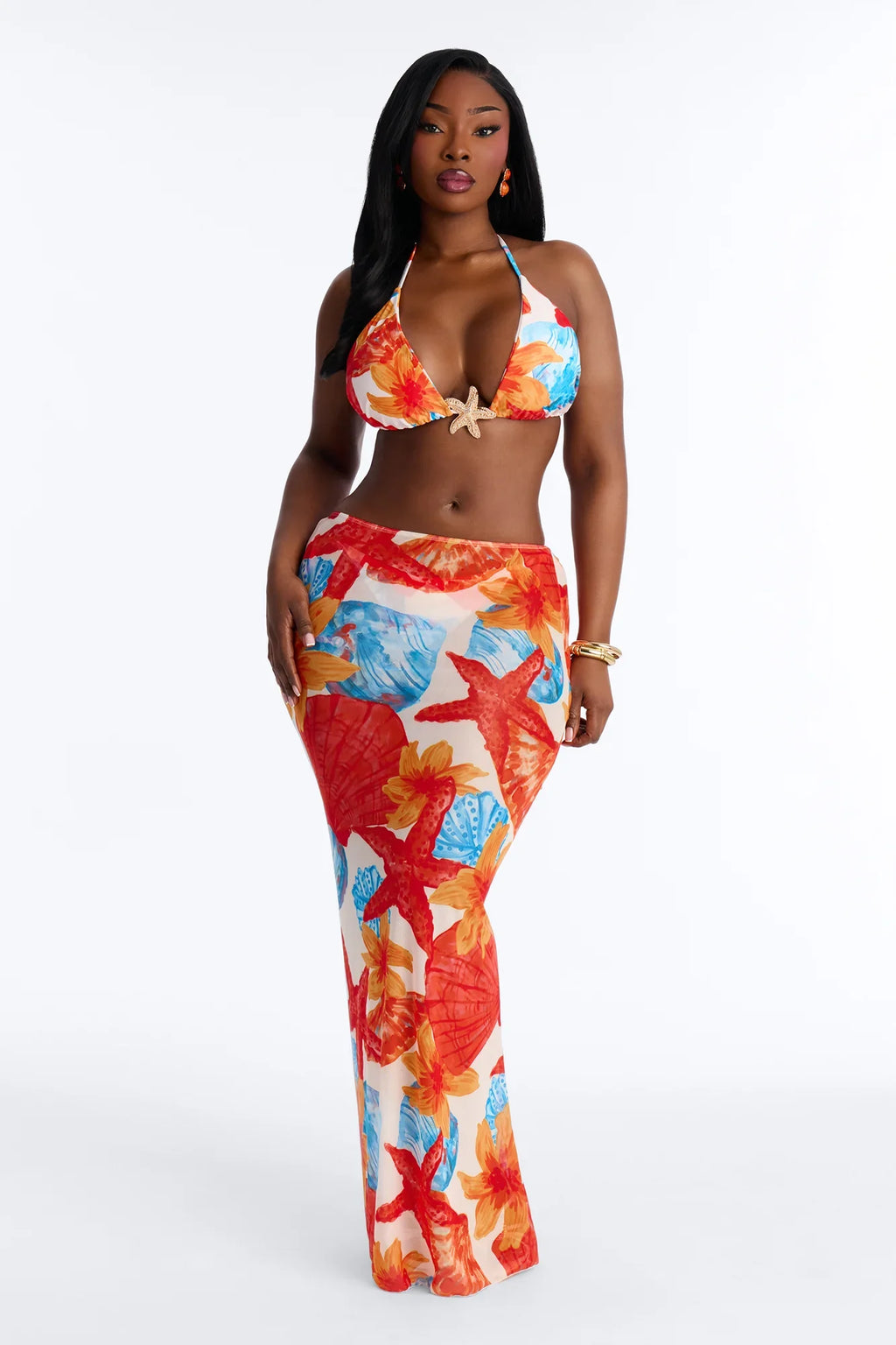 Picture Perfect 3 Piece Bikini And Sarong Set - Orange/combo
