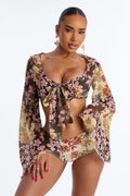 Warm Vacay Sheer Flare Sleeve Front Tie Boyshort 3 Piece Bikini Set - Brown/combo