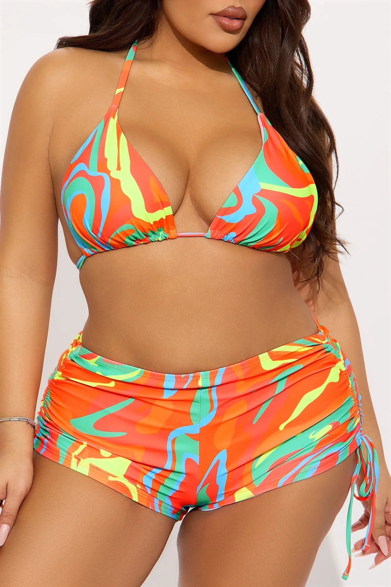 Kairi Ruched Boyshort & Kimono 3 Piece Bikini Set - Orange/combo