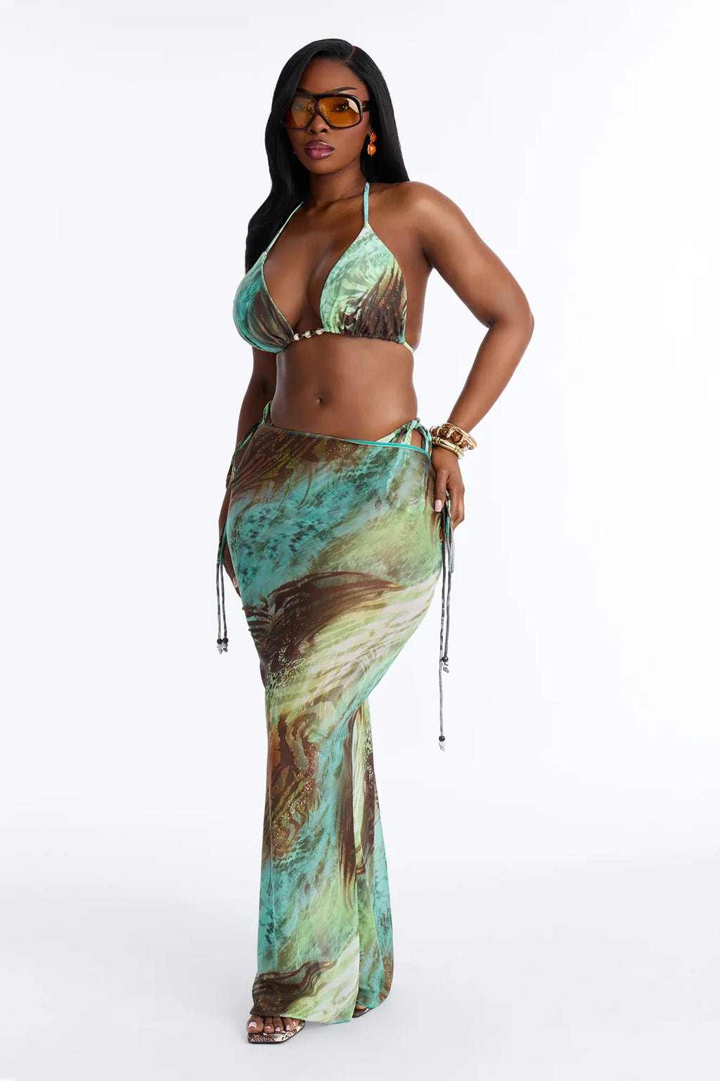 Chantel 3 Piece Bikini And Sarong Set - Green/combo