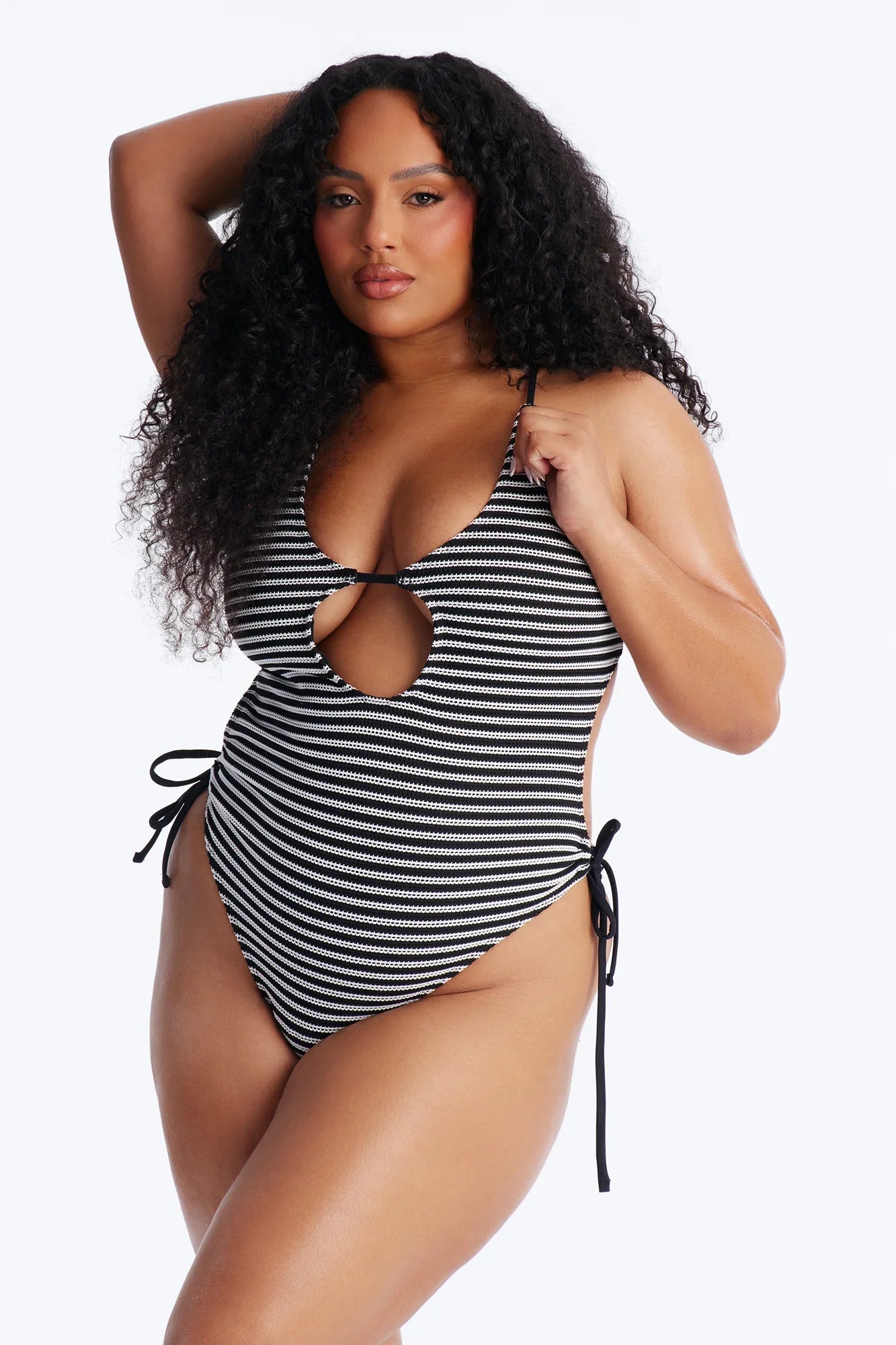 Adelina Striped 1 Piece Cut Out Swimsuit - Black/White