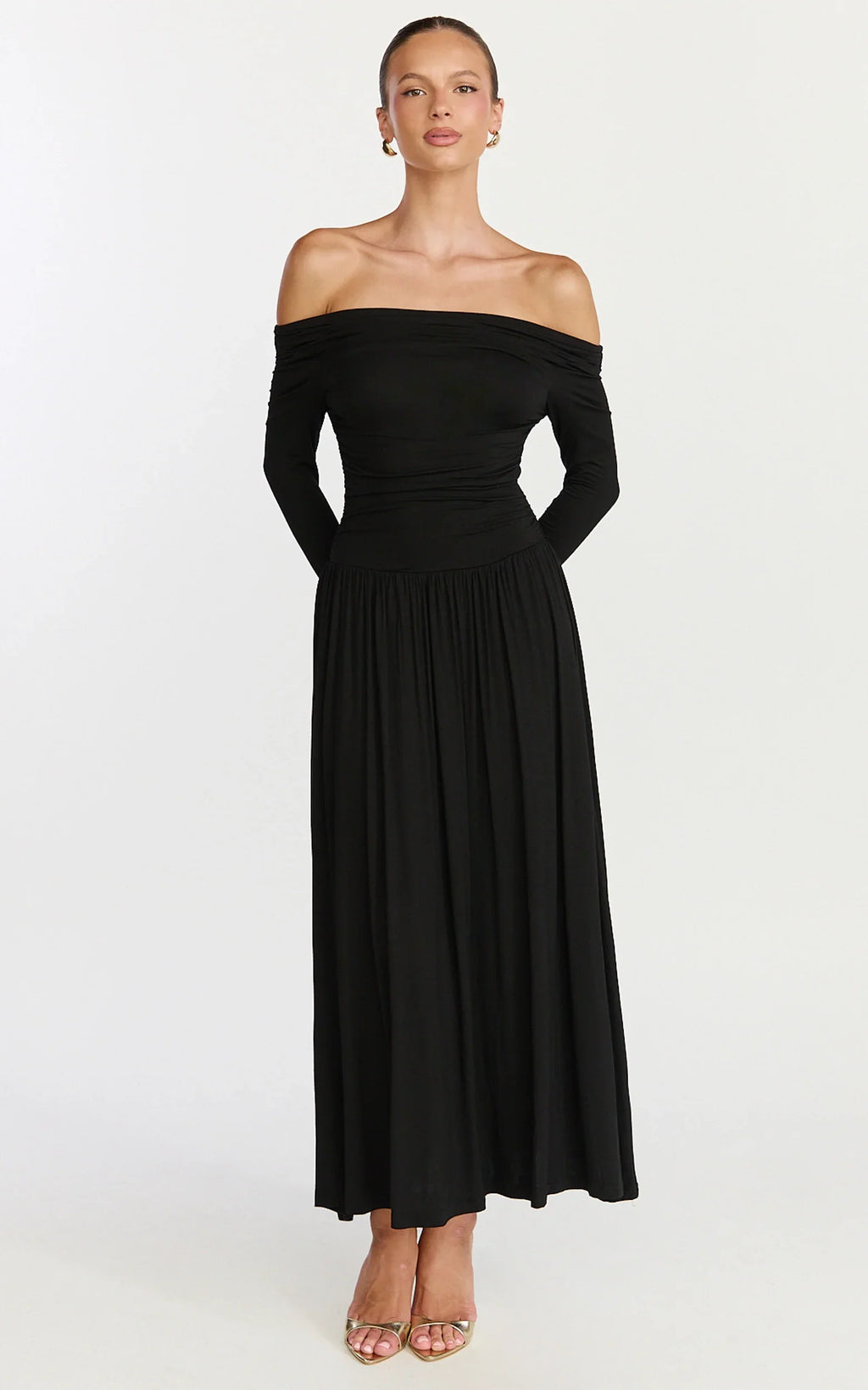 Antonia Midi Dress - Off The Shoulder Long Sleeve Dress in Black
