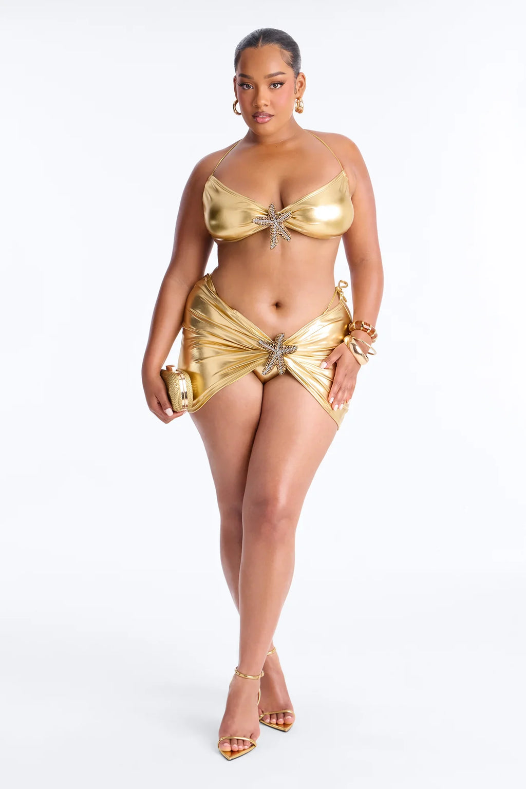 Gaia 3 Piece Metallic Bandeau Bikini & Skirt Set - Gold