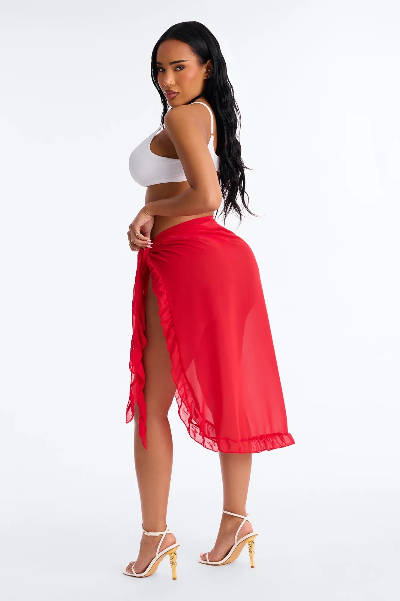 Beach Vibes Maxi Ruffle Trim Waist Tie Swim Cover Up Sarong - Red