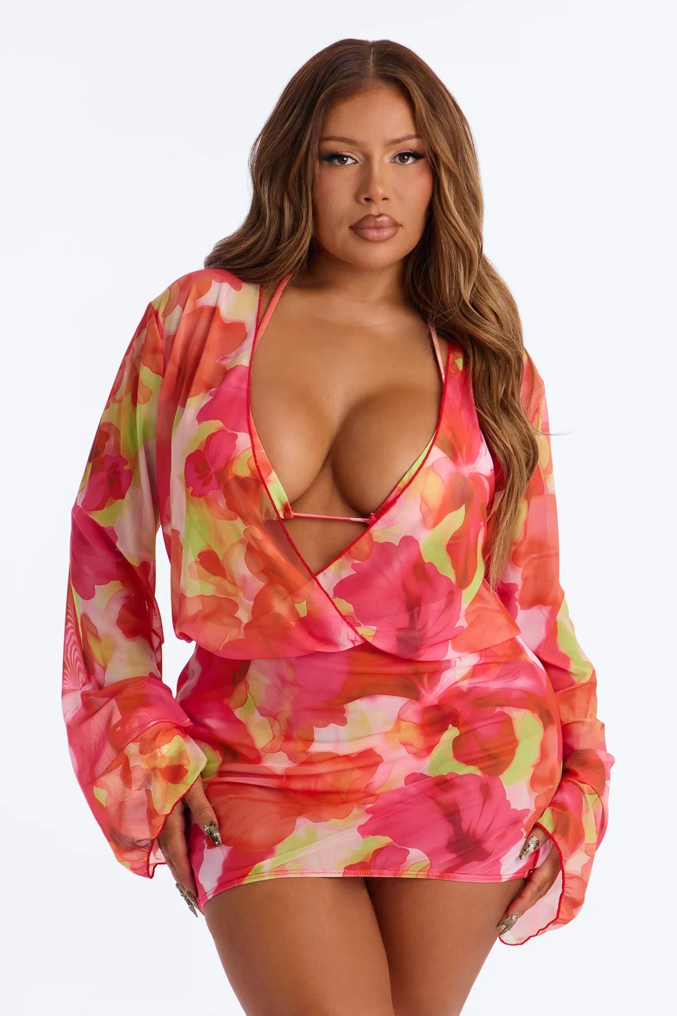 Take A Dip Floral 3 Piece Bikini & Mini Dress Sunsuit - Orange/combo