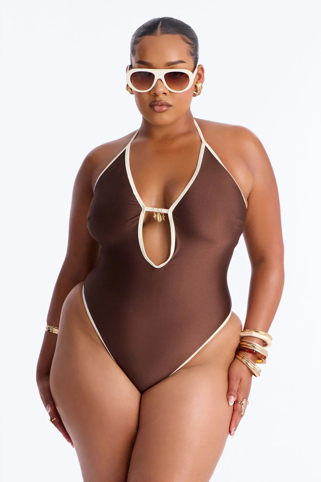 Gone To The Beach Contrast Charm Trim 1 Piece Swimsuit - Brown