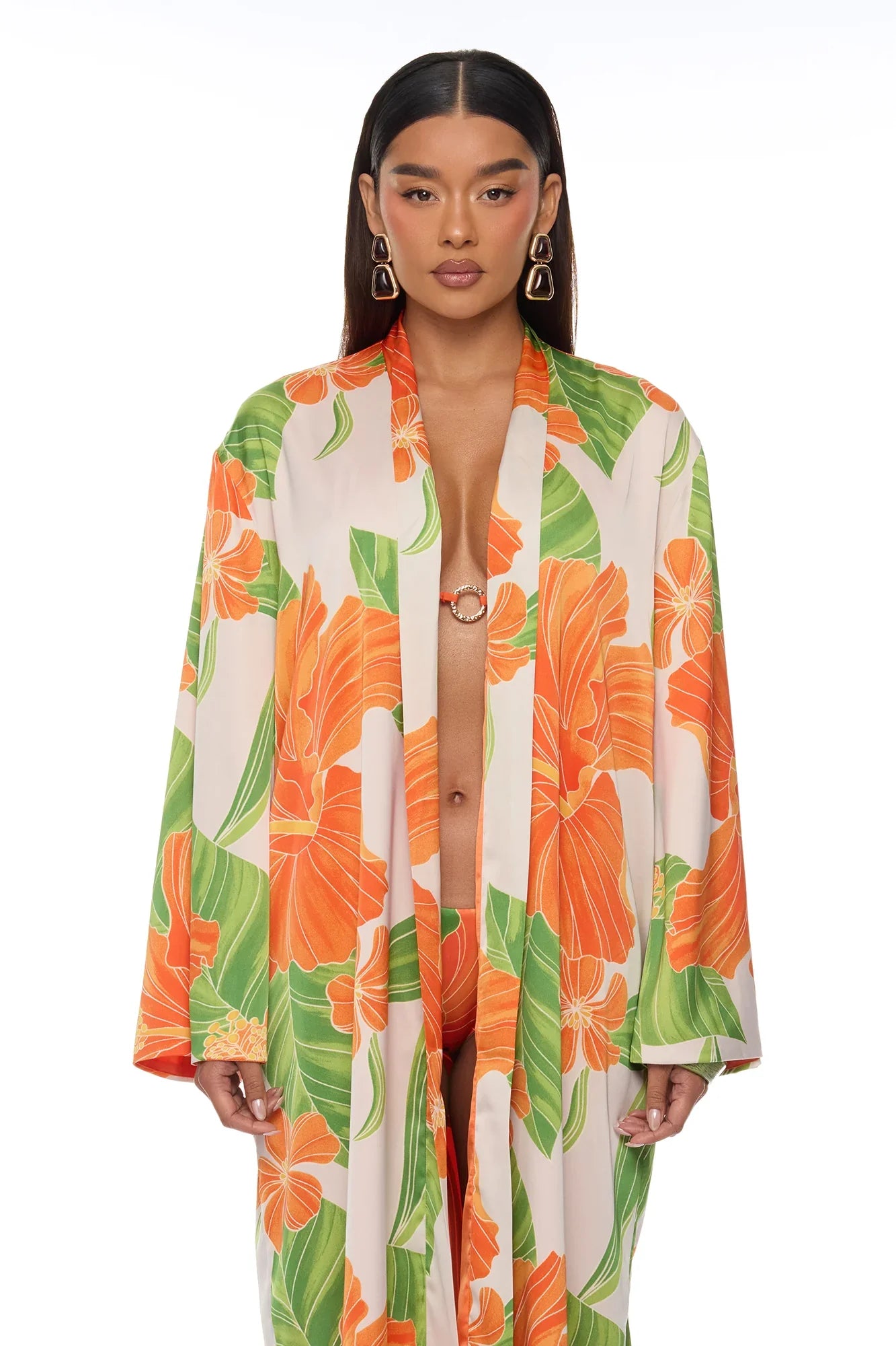 Tropic Oasis Vacation Kimono Bikini 3 Piece Set - Orange/combo