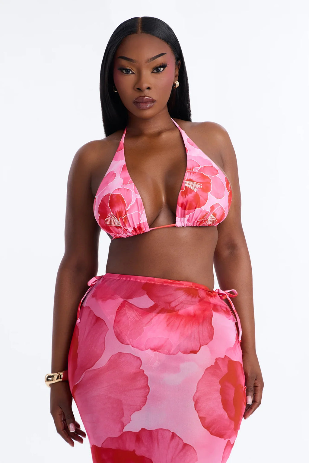 Paradise In Bloom Floral 3 Piece Bikini & Skirt Sunsuit - Pink/combo