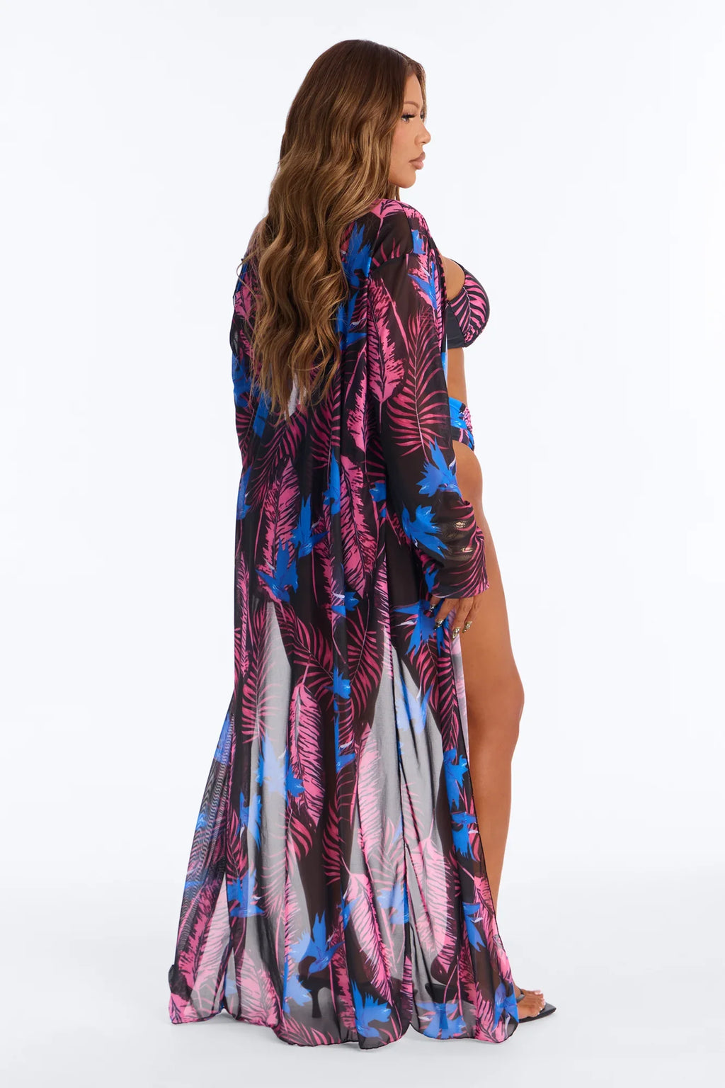 Nothing Like The Tropical Floral Underwire One Shoulder High Waist Maxi 3 Piece Bikini Kimono Set - Purple/combo