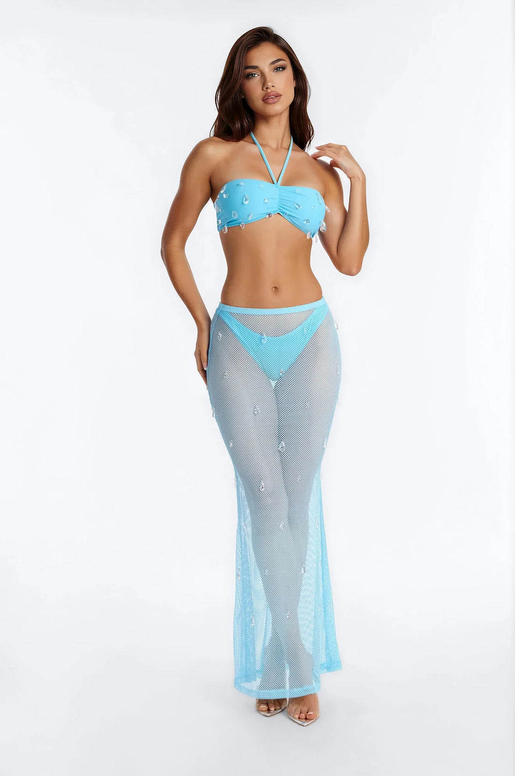 Alejandra Rain Drops Bandeau 3 Piece Bikini & Skirt Set - Blue