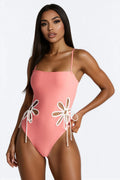 Sweet Spell 1 Piece Strapless Floral Cut Out Swimsuit - Coral