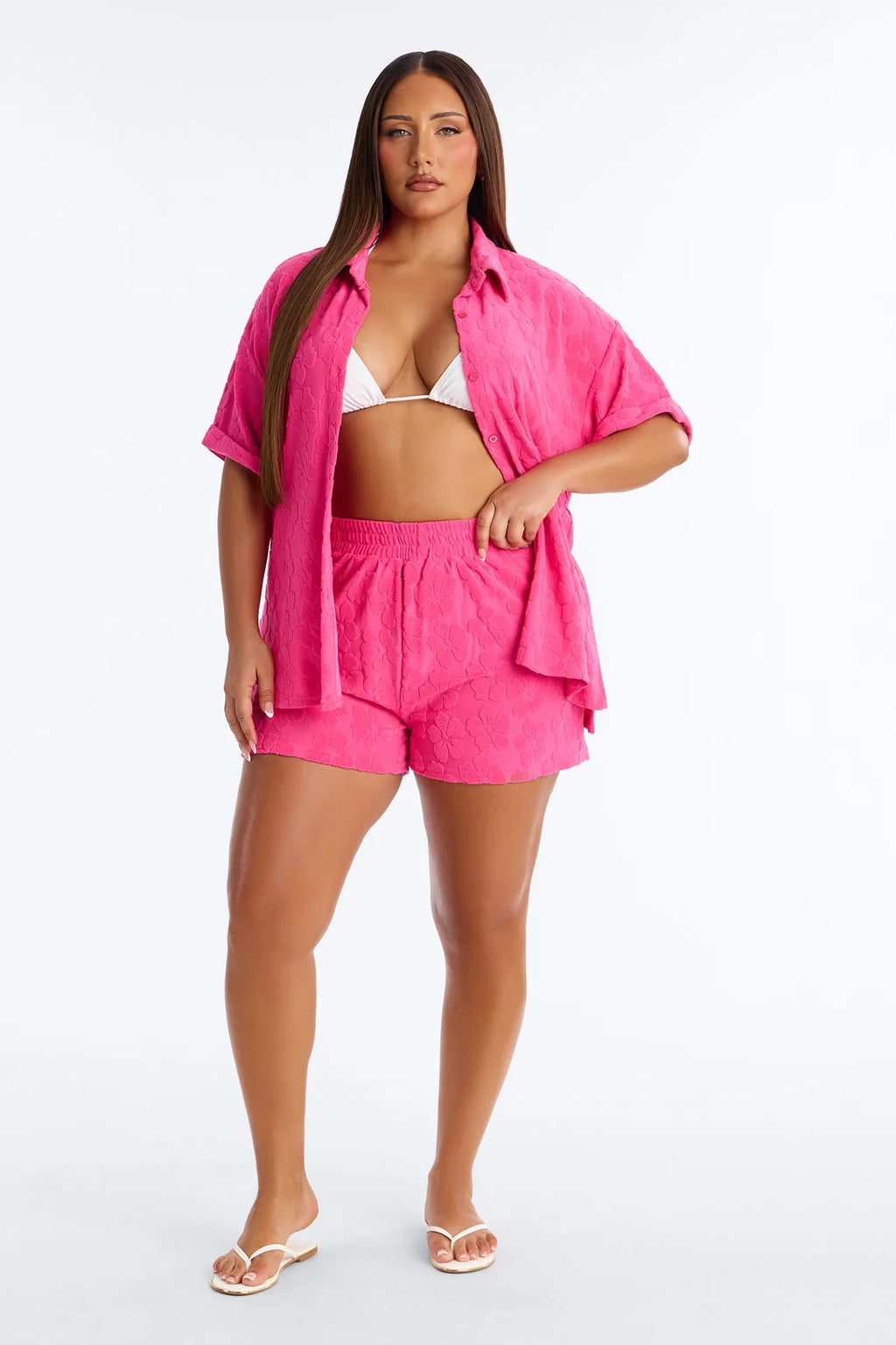 Cristal Textured Swim Cover Up Short Set - Fuchsia