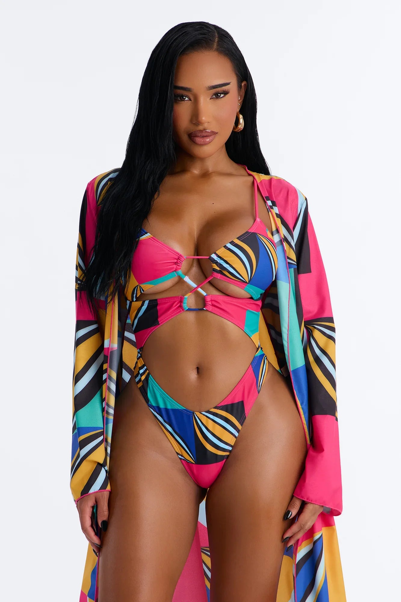 Leila Abstract Cut Out 1 Piece Swimsuit With Swim Cover Up Kimono - Multi Color