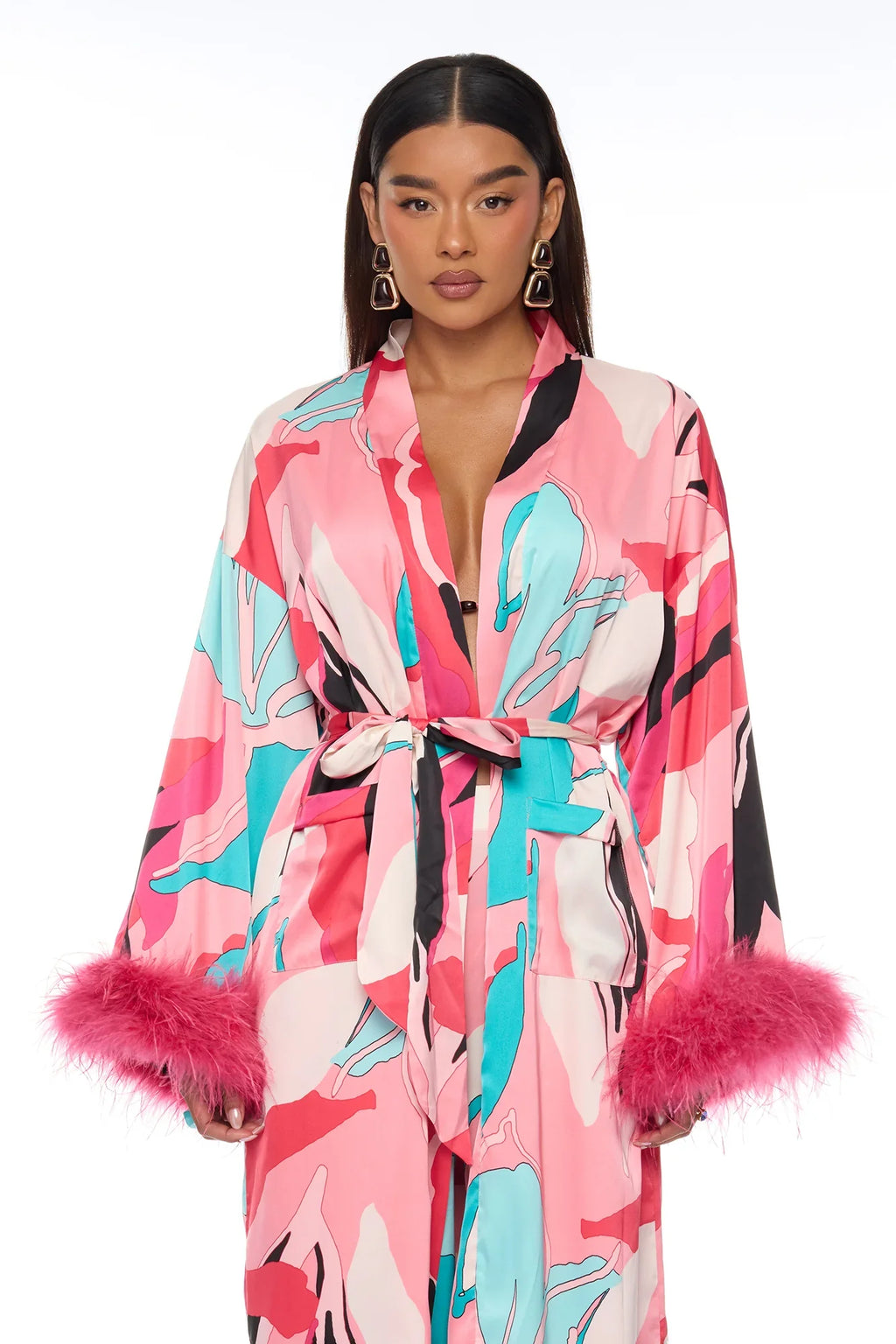 Eyes On Me Satin Kimono Bikini 4 Piece Set - Pink/combo