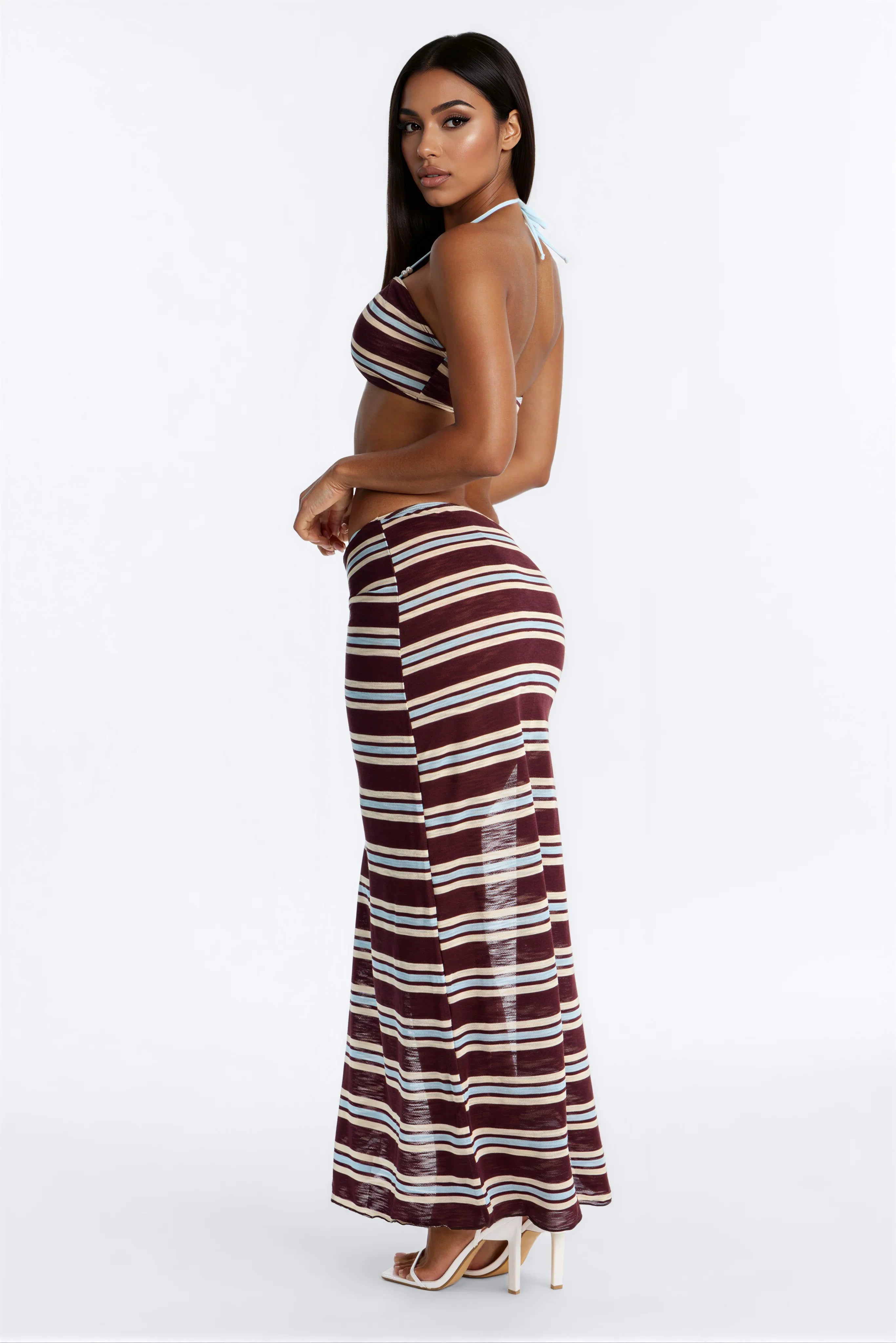Nicolina Striped 3 Piece Bandeau Bikini & Cover Up Maxi Skirt Sunsuit - Brown/combo