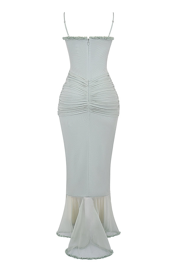 pistachio ruffled front gown