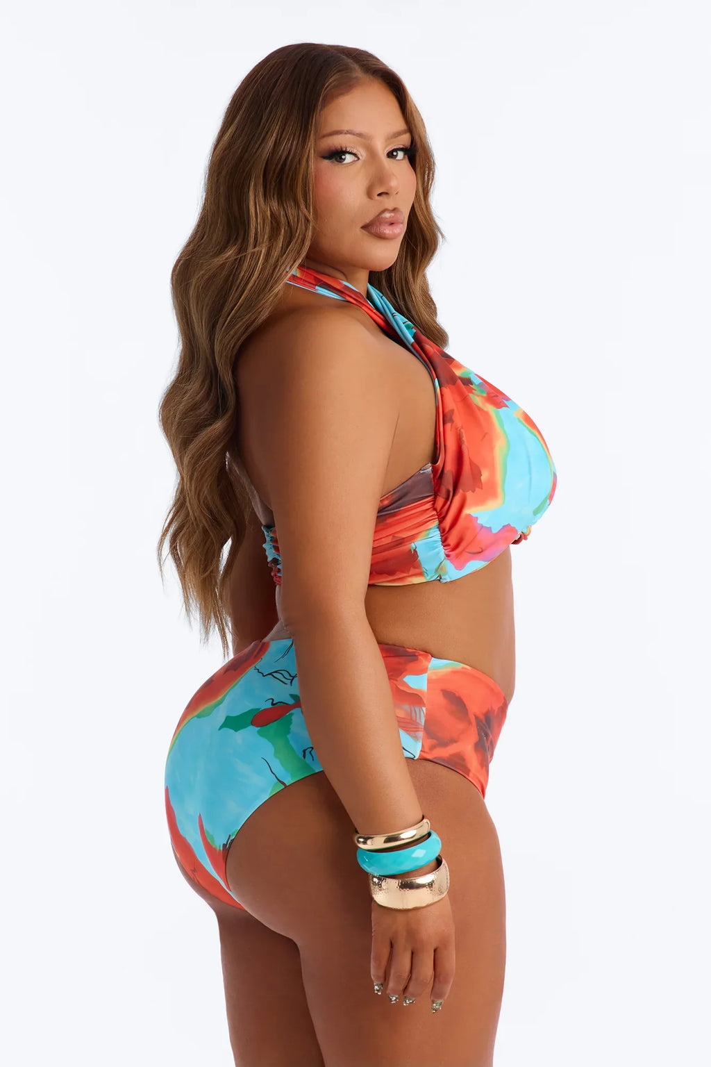 Salt On My Skin Floral 2 Piece Halter Bikini Top & High Waisted Bottom Set - Multi Color