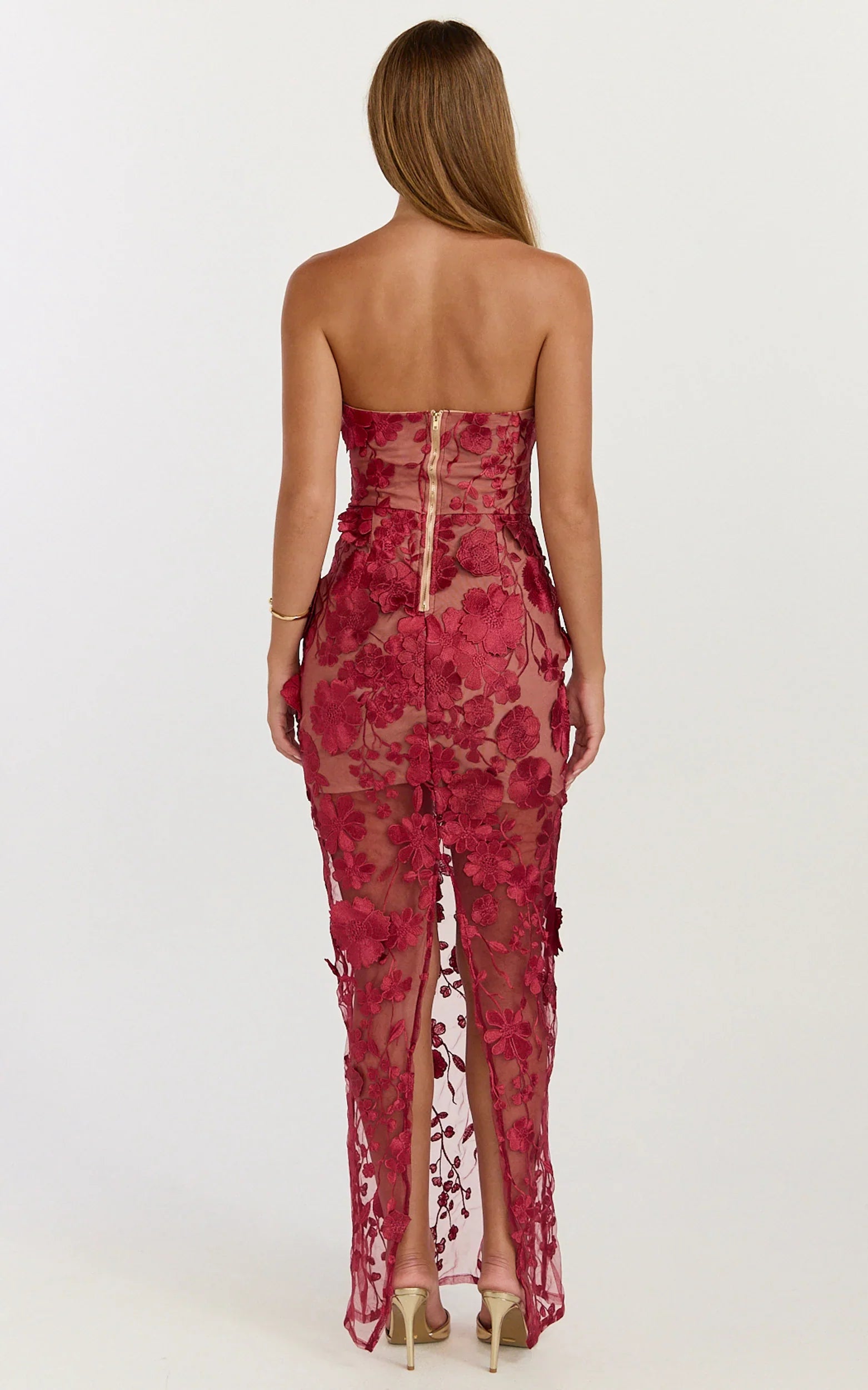 Sienna Maxi Dress - 3D Floral Strapless Column Dress in Wine