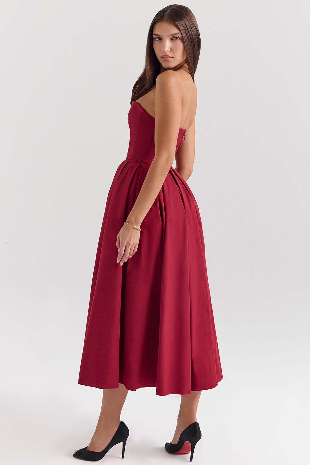 berry strapless detachable bow midi dress