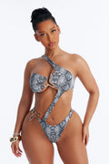 Looks Like Summer Animal Print 1 Piece One Shoulder Swimsuit - Black/combo