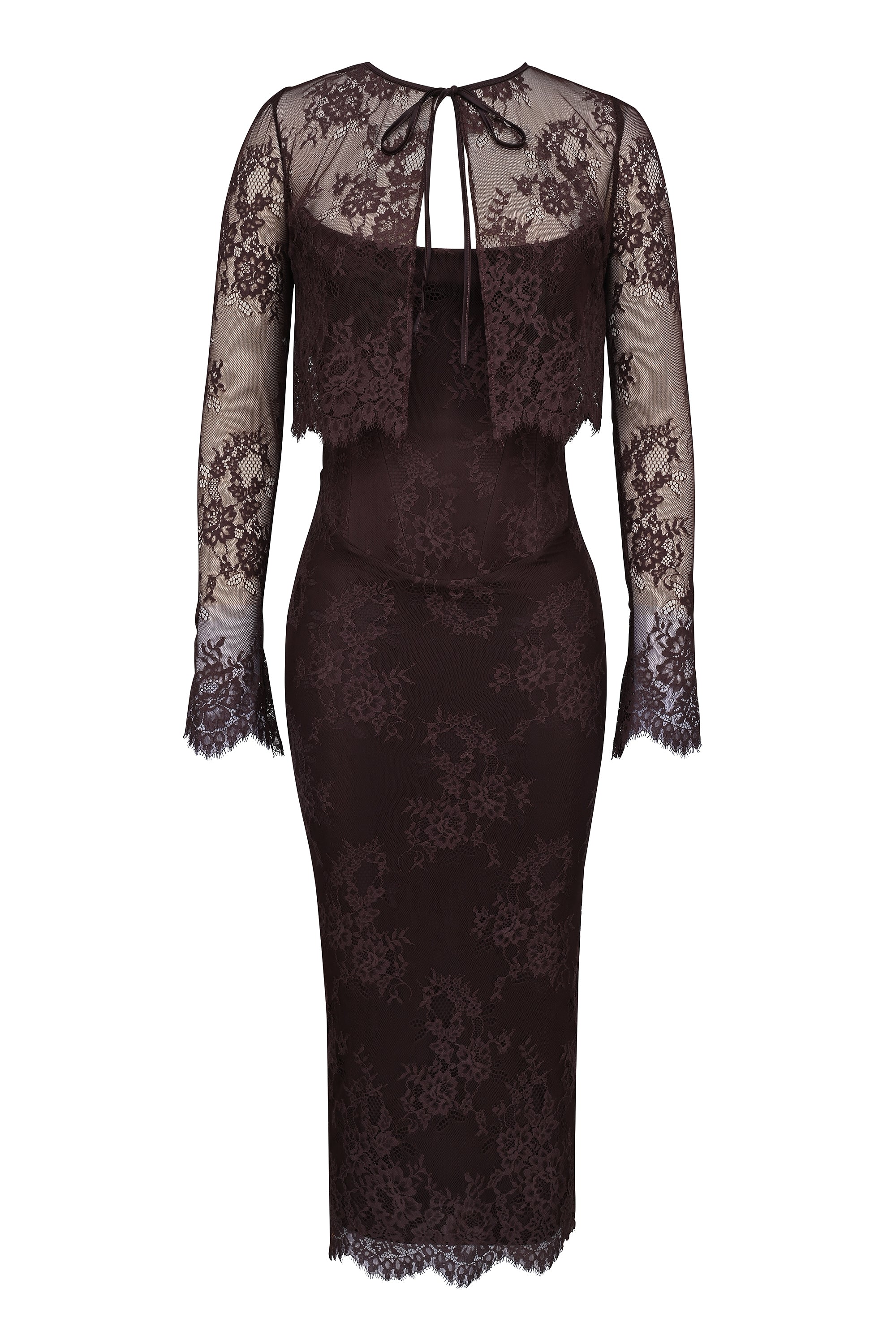 bitter chocolate lace corset midi dress & bolero