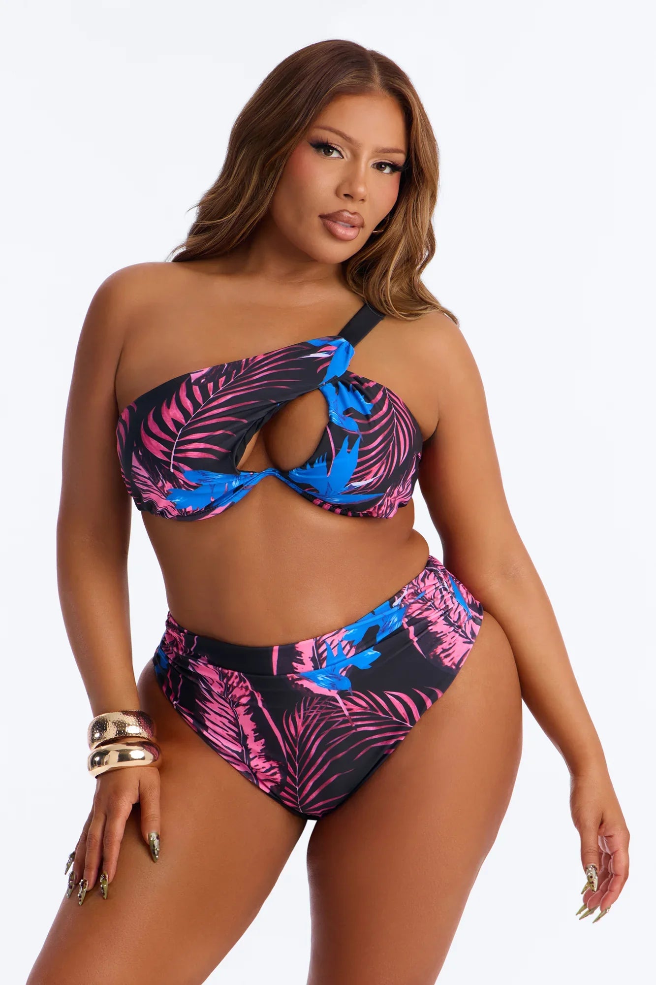Nothing Like The Tropical Floral Underwire One Shoulder High Waist Maxi 3 Piece Bikini Kimono Set - Purple/combo
