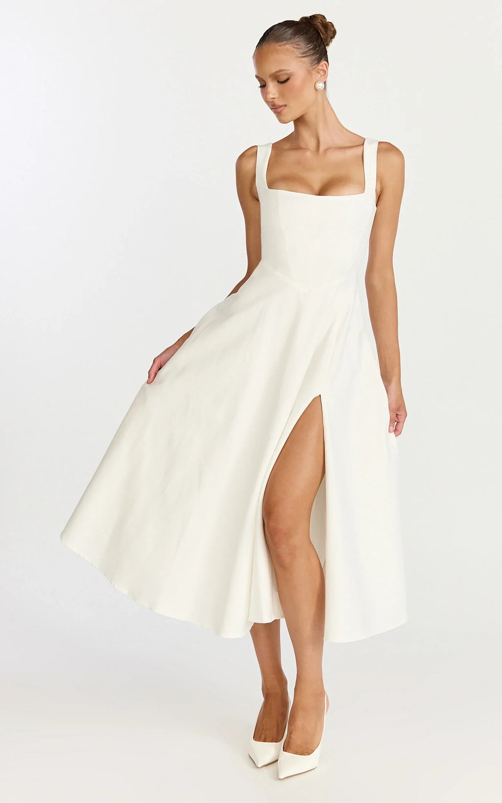 Bernie Midi Dress - Square Neck Strapped Full Circle Skirt Dress in White