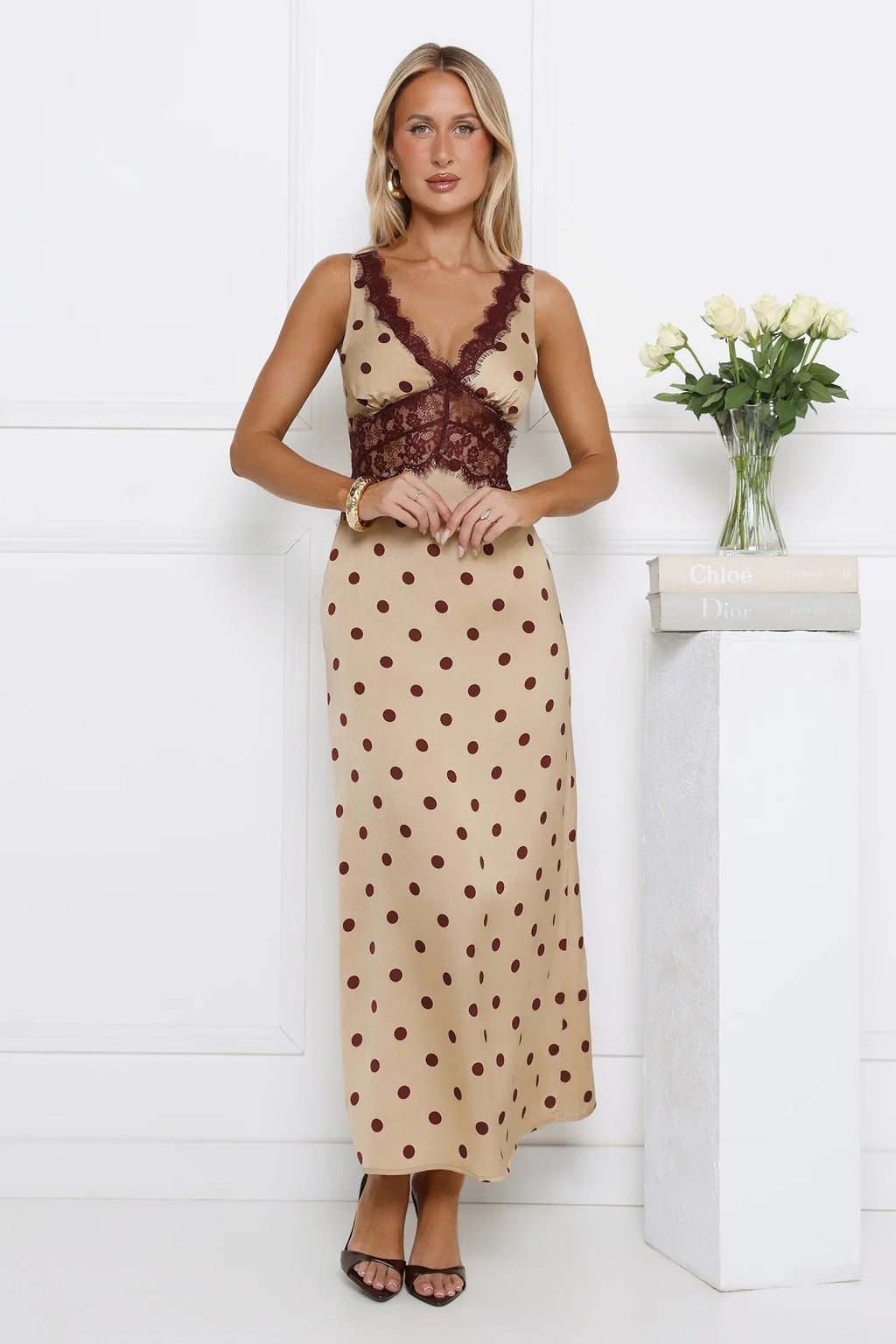 Trending Polka Dots Satin Maxi Dress Yellow