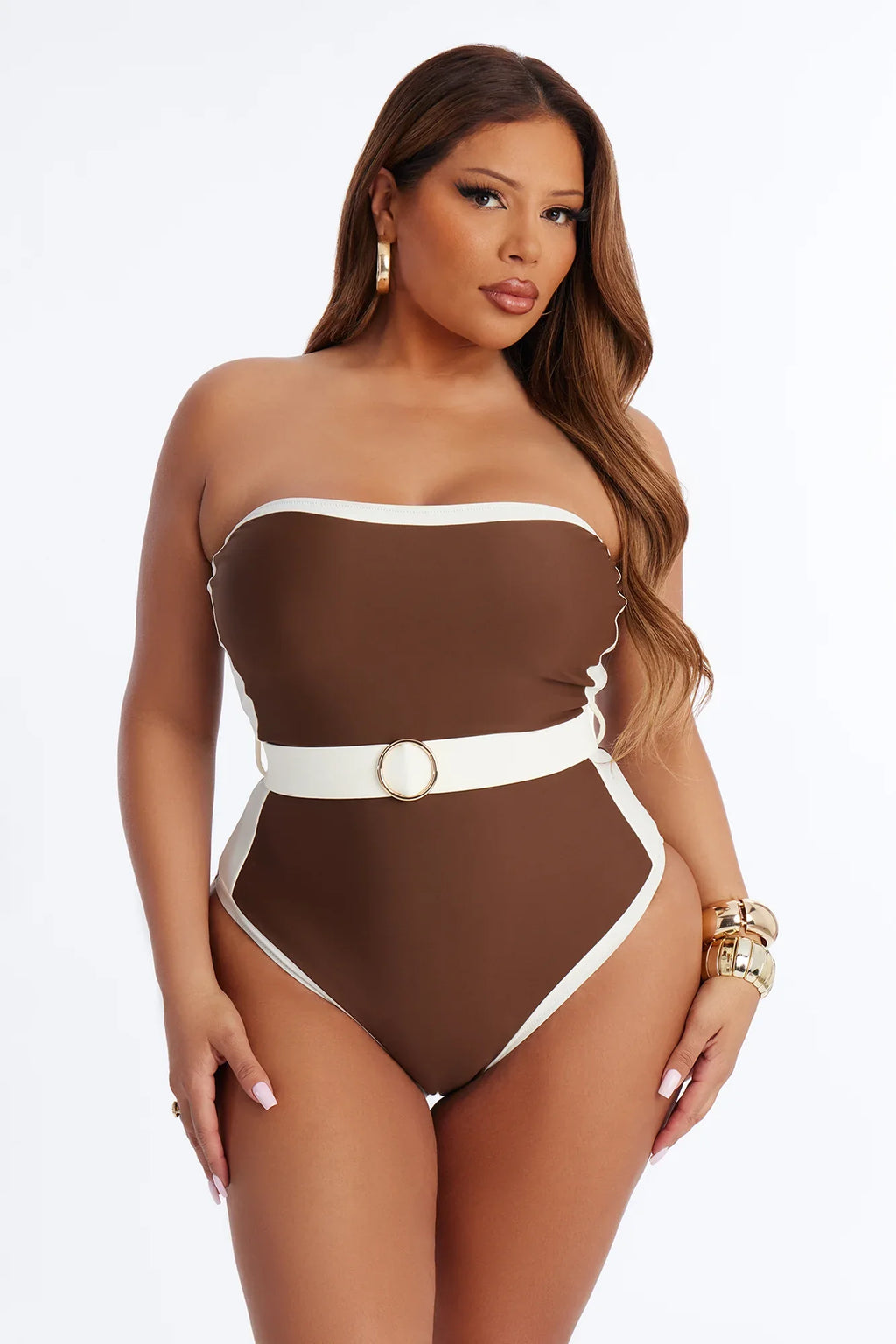 Sunny Days Colorblock Hardware Strapless 1 Piece Swimsuit - Brown/combo