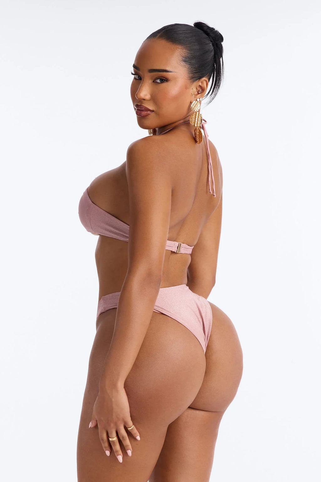 See Me Shimmer Hardware High Slit 3 Piece Bikini Skirt Set - Rose