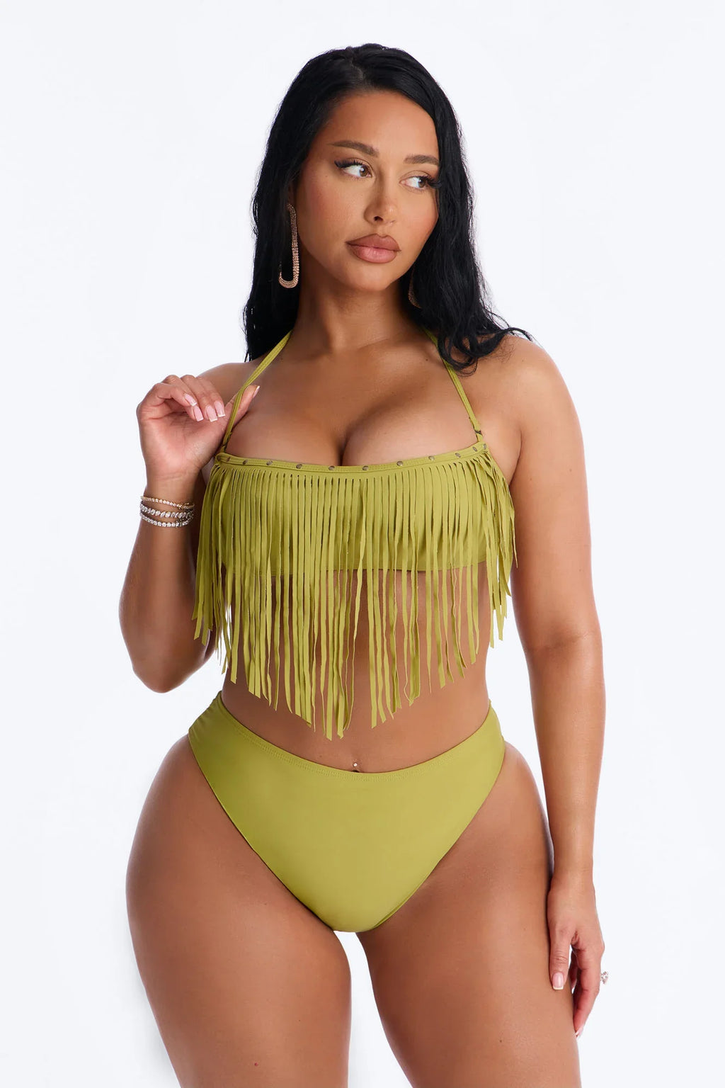 Cabana Cooldown 3 Piece Fringe Bikini Set - Olive