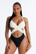 High Tide 1 Piece Wrap Halter Swimsuit - White/Black