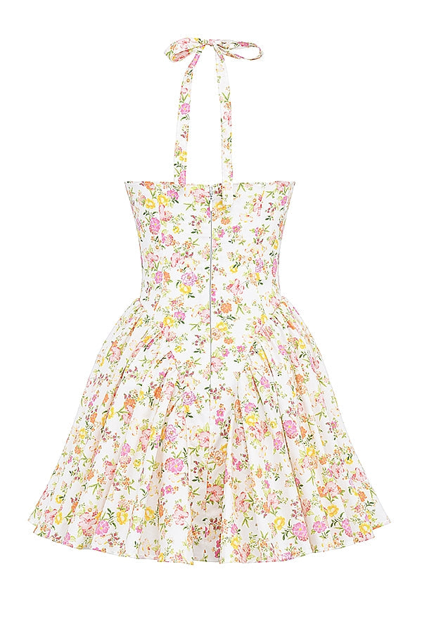 ivory meadow print cotton halter mini dress